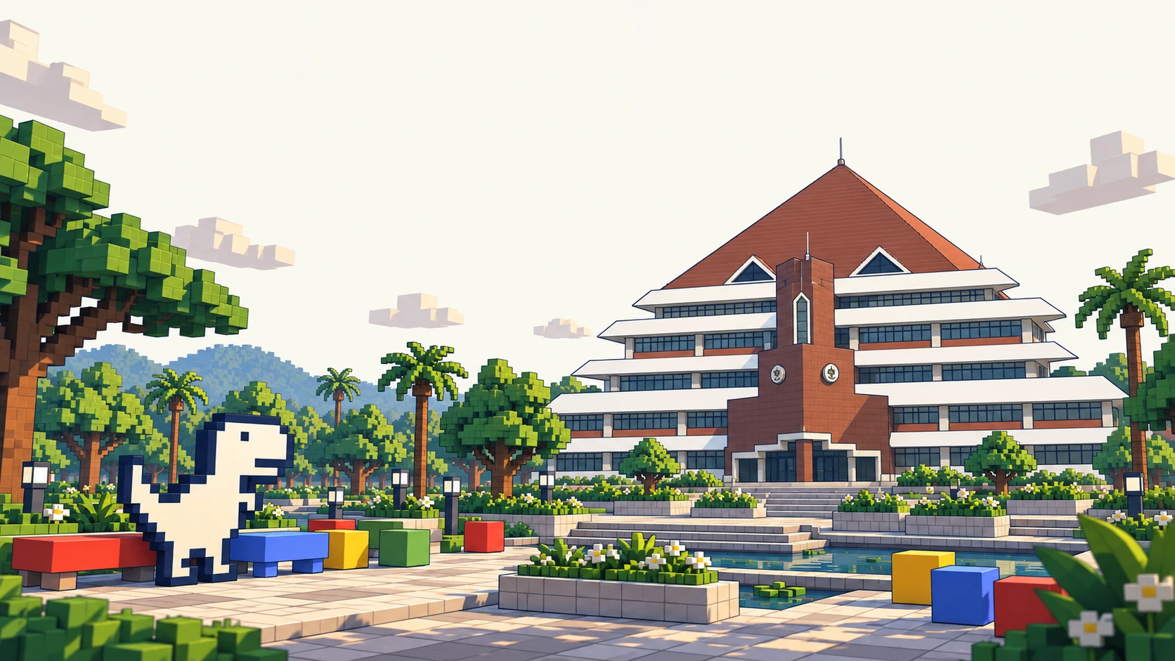 Kampus cel-shaded dengan AHN bertingkat, atap limas merah, taman voxel, kolam, bangku warna Google, dan Chrome Dino.